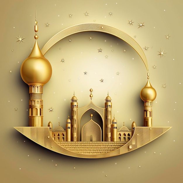 Une découpe de papier d'or d'une mosquée avec une lune et des étoiles