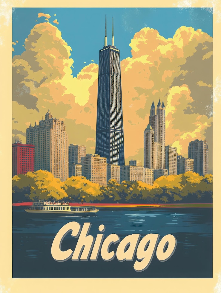 Photo découvrez l'attrait de chicago dans cette affiche de voyage vintage présentant l'horizon magnifique y compris l'iconique willis tower le long de la rivière tranquille