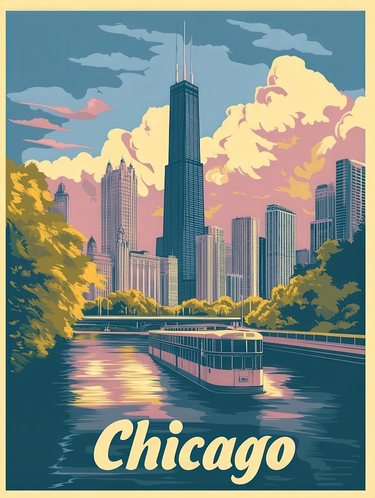 Photo découvrez la beauté de chicago dans cette affiche de voyage vintage présentant l'horizon époustouflant de la ville avec un bateau glissant le long de la rivière enveloppé de couleurs vives et d'architecture historique