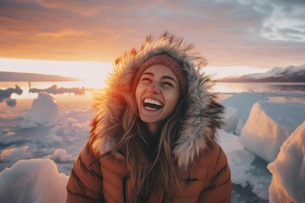 Découvrez la beauté hivernale du lac Baïkal alors qu'une voyageuse heureuse et joyeuse profite du coucher de soleil tout en étant allongée sur la glace depuis une vue plongeante.