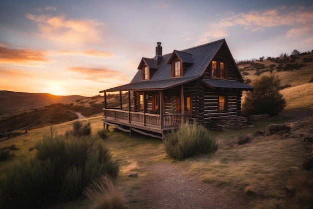 Découvrez le charme d'une cabane en rondins dans la paisible vallée avec une vue imprenable sur le coucher du soleil