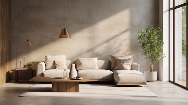 Photo découvrez l'essence de japandi cozy beige salon photos avec l'esthétique du bois et moderne
