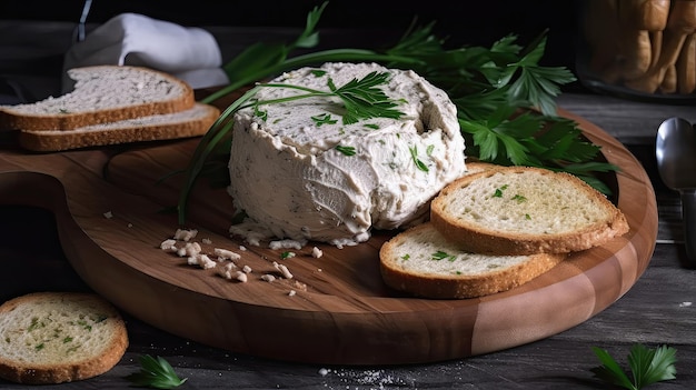 Découvrez les saveurs riches et complexes du pâté de maquereau fumé à froid fait avec du fromage à la crème crémeux et un soupçon de raifort pour un délicieux coup de pied. Généré par AI