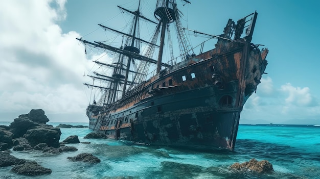 Découvrez les secrets du Triangle des Bermudes avec une exploration immersive en 8K alors que le spectre d'un vaisseau fantôme glisse dans la brume Généré par l'IA