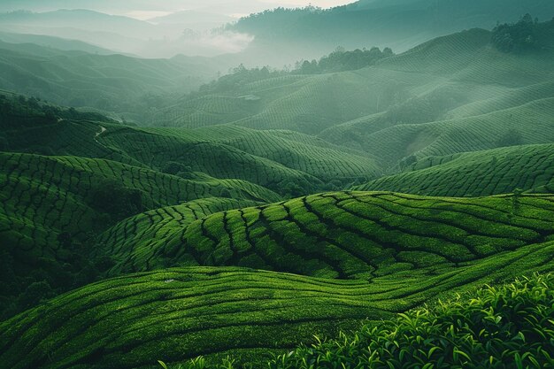 Décrivez l'étendue verte et luxuriante de la plante de thé.