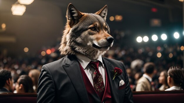 Décrivez un personnage de loup suave vêtu d'une tenue formelle assistant à un concert élégant et appréciant le