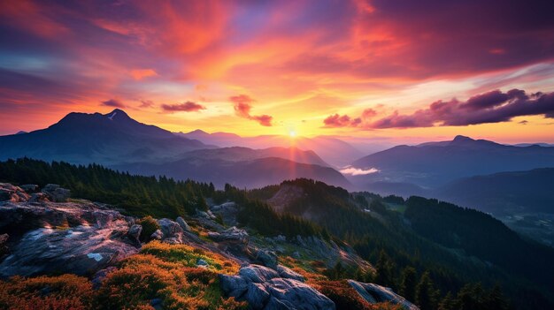 Décrivez la vue d'un sommet de montagne au lever du soleil sans utiliser de couleurs