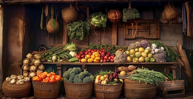 Décrochage du marché des maraîchers colorés divers légumes sains biologiques frais Image générée par l'IA