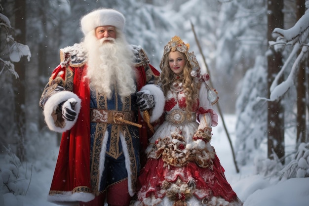 Ded Moroz russe et la jeune fille de neige russe dans la forêt d'hiver