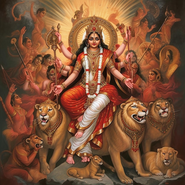La déesse du festival indien Durga fait face à un fond de carte de célébration de vacances