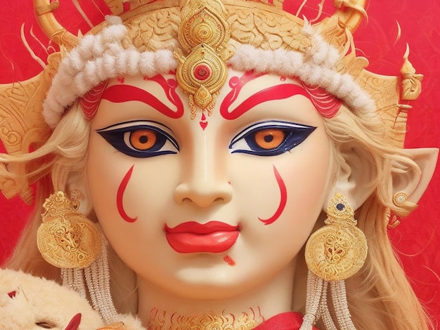 Déesse Durga Face dans Happy Durga Puja Subh Navratri fond de bannière d'en-tête religieux indien