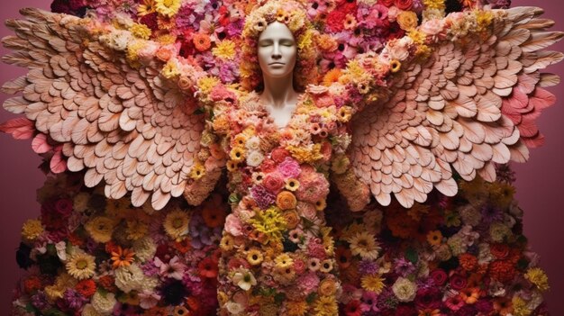 Déesse des fleurs Une superbe sculpture d'une femme ornée d'un magnifique éventail de fleurs et de pétales