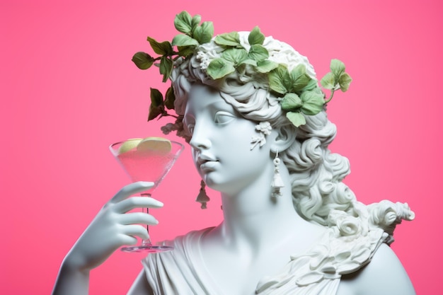 Déesse grecque Aphrodite avec cocktail à la main sur fond rose pastel