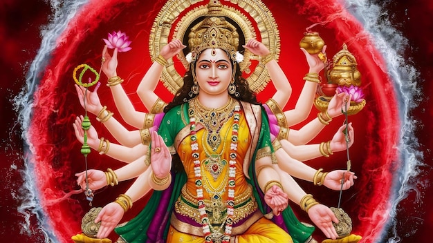 La déesse hindoue Lakshmi sur un fond rouge