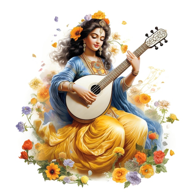 Déesse Saraswati Happy Vasant Panchami Puja assise sur un instrument de musique lotus Ai généré