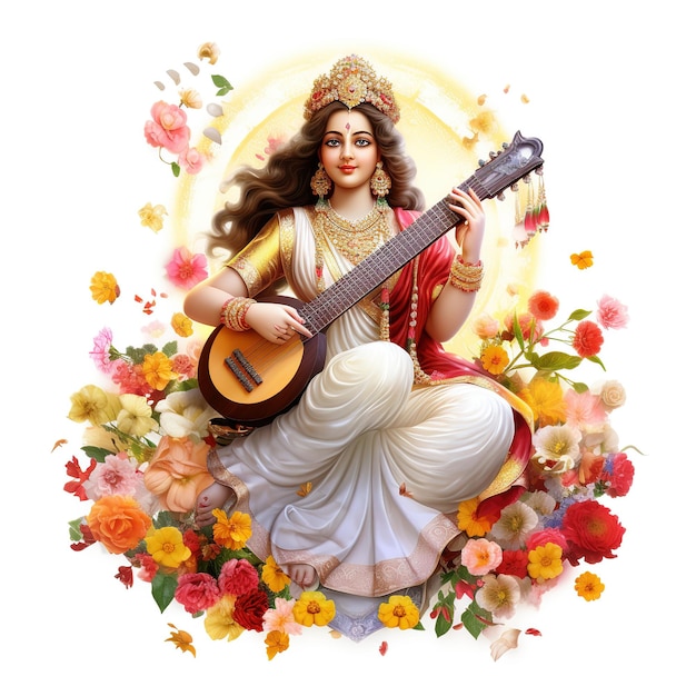 Déesse Saraswati Happy Vasant Panchami Puja assise sur un instrument de musique lotus Ai généré