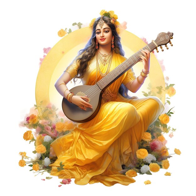 Déesse Saraswati Happy Vasant Panchami Puja assise sur un instrument de musique lotus Ai généré