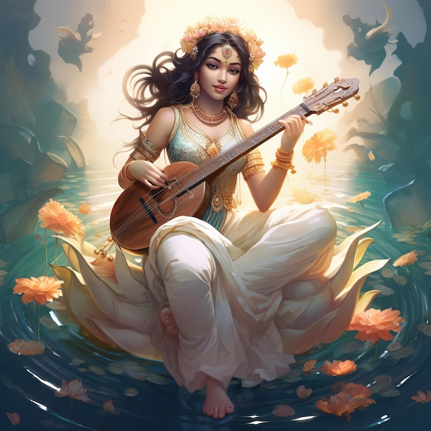 Déesse Saraswati Happy Vasant Panchami Puja assise sur un instrument de musique lotus Ai généré