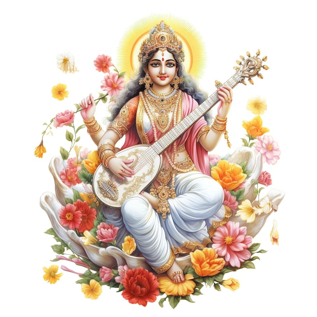 La déesse Saraswati heureux Vasant Panchami Puja assis sur un instrument de musique de lotus Ai généré