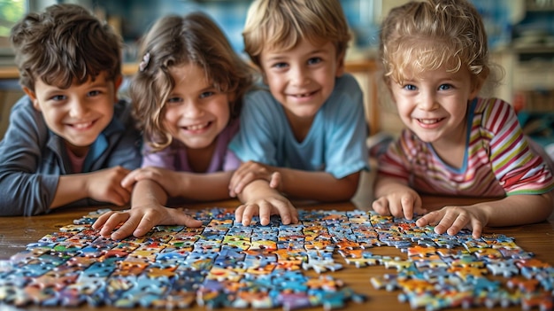 Photo défi de puzzle en famille travailler ensemble papier peint