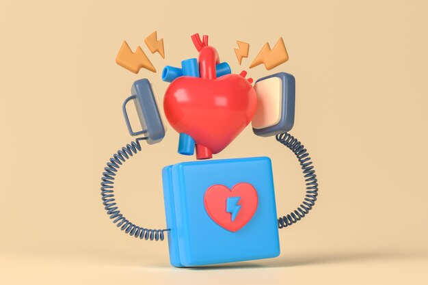 Défibrillateur et cœur de rendu 3D Équipement de sauvetage ou de secours d'urgence