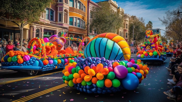 Un défilé avec des ballons dessus et un bâtiment en arrière-plan.