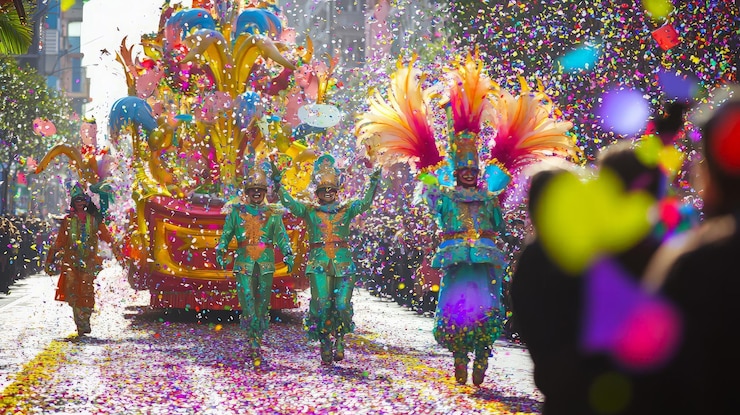 Photo un défilé de carnaval animé avec des artistes en costumes colorés jetant des confettis en l'air