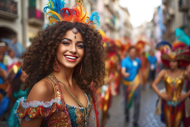 Un défilé de carnaval avec une jeune femme souriante.