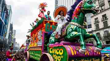 Photo un défilé coloré avec un grand char célébrant le cinco de mayo le char est vert et violet et a un grand cheval dessus