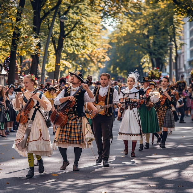 Défilé de costumes traditionnels dans la rue de Munich Groupe de personnes marchant