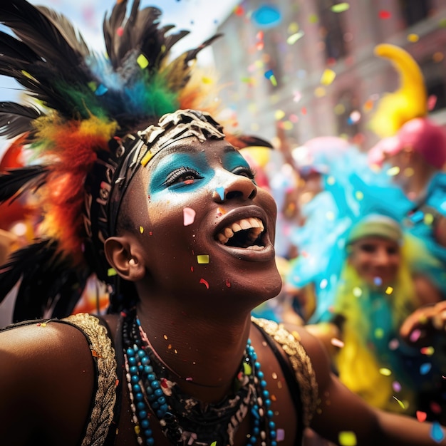 le défilé du carnaval avec des gens vêtus de costumes colorés confetti flottant autour