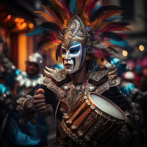 le défilé du carnaval avec des gens vêtus de costumes colorés confetti flottant autour