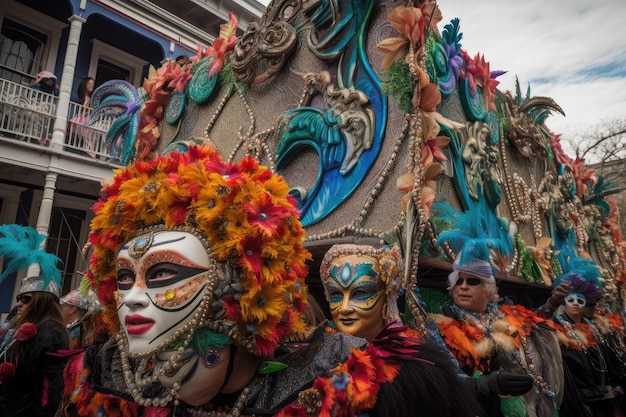 Défilé du Mardi gras avec char avec des fêtards masqués dansant sur de la musique créée avec l'IA générative