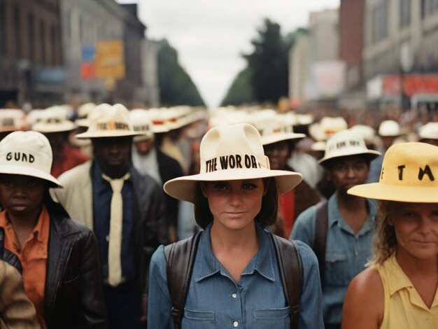 Un défilé de gens avec des chapeaux sur lesquels est écrit le mot " citation "