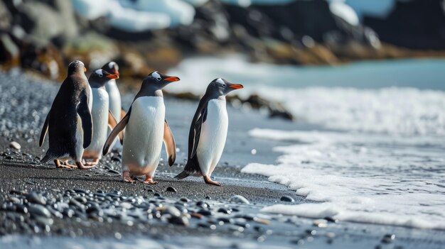 Le défilé harmonieux de majestueux pingouins dansant le long du rivage doré