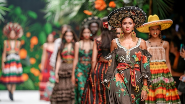 Défilé de mode traditionnel mexicain avec des mannequins en robes colorées et sombreros folkloriques sur la piste