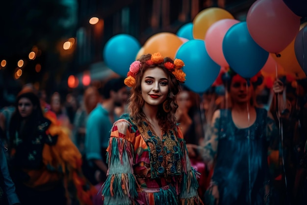 Défilé de rue animé avec des chars colorés et des artistes célébrant l'IA générative de Kurbanbayram