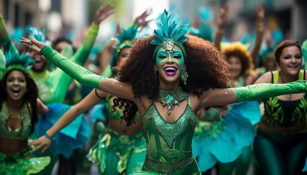 Photo défilé urbain animé avec des participants en costumes verts