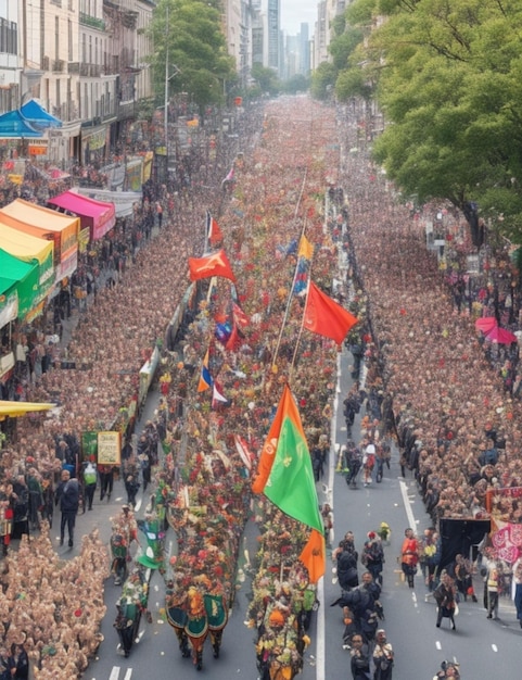 Un défilé végétalien dynamique défilant dans une rue animée de la ville pour célébrer la Journée mondiale du véganisme