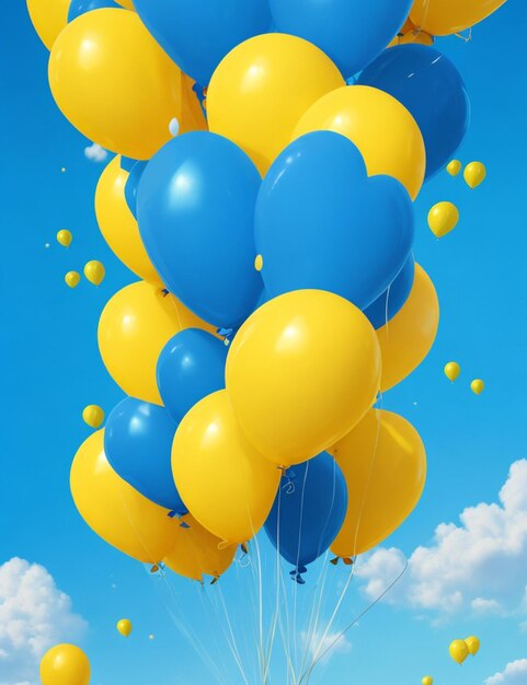 Définir des ballons jaunes et bleus s'envolent dans le ciel Fond d'écran d'illustration coloré lumineux 3d réaliste