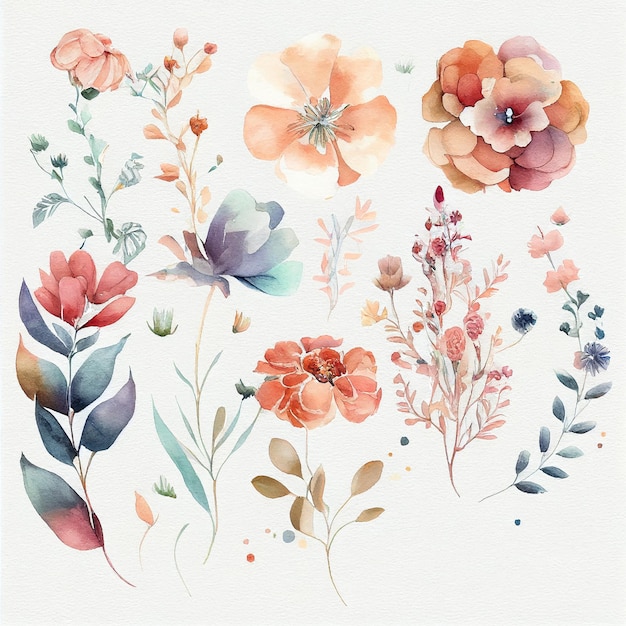 Définir des fleurs et laisser peindre une illustration florale à l'aquarelle créée avec la technologie Generative AI