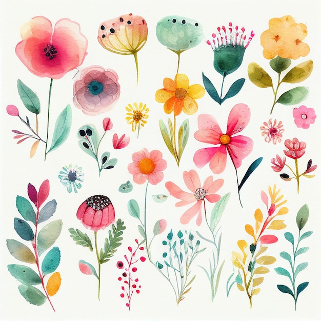 Définir des fleurs et laisser peindre une illustration florale à l'aquarelle créée avec la technologie Generative AI