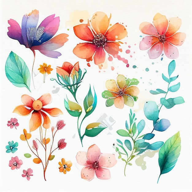 Définir des fleurs et laisser peindre une illustration florale à l'aquarelle créée avec la technologie Generative AI