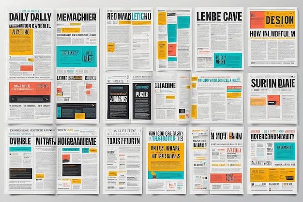 Photo définir un modèle de conception de journal de journal quotidien avec des titres modifiables, des citations d'articles textuels et des images en couleurs