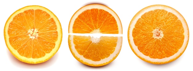 Définir la moitié et la tranche de fruits orange isolés sur fond blanc Concept créatif d'aliments sains Jus de nature Vue de dessus à plat