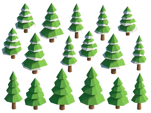 Définir des sapins verts décorés de jouets de neige Illustration 3d isolée d'arbres de Noël isométrique