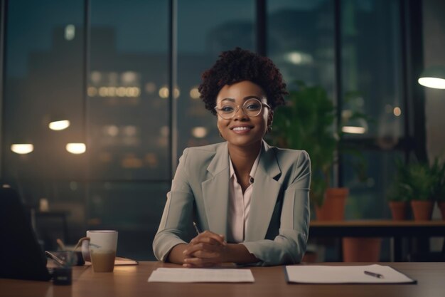 Définir le succès Une femme d'affaires africaine souriante au bureau