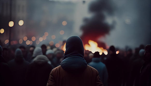 Défocaliser une activiste féminine et masculine protestant avec un mégaphone lors d'une grève avec un groupe de manifestants en arrière-plan