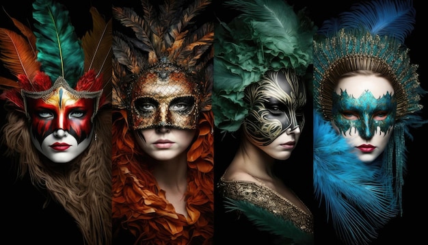 Déguisement mardi gras beaux masques vénitiens avec des plumes sur les femmes