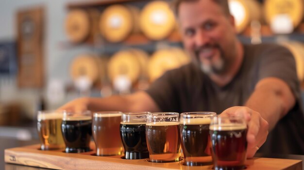 Dégustation de bière artisanale Un vol en bois de six bières différentes avec un serveur masculin en arrière-plan